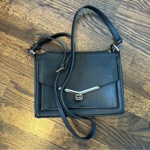 Botkier Black “Valentina” Crossbody Bag- Flap & Zip Top, Gunmetal Hardware